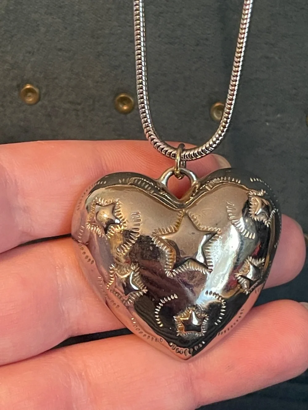 Vintage Trifari Celestial Star Puffy Heart Pendant on Crown Trifari Snake Chain - Picture 9 of 10